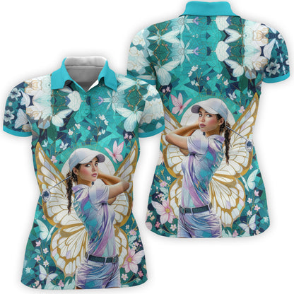Custom Face Women’s Golf Polo Shirt – Spring Butterfly Mirage Art | Personalized Floral Fantasy Sports Shirt for Golfers Style 7