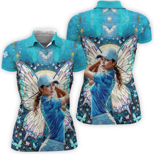 Custom Face Women’s Golf Polo Shirt – Spring Butterfly Mirage Art | Personalized Floral Fantasy Sports Shirt for Golfers Style 8