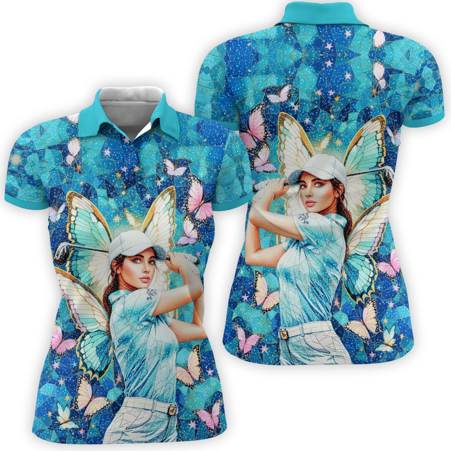 Custom Face Women’s Golf Polo Shirt – Spring Butterfly Mirage Art | Personalized Floral Fantasy Sports Shirt for Golfers Style 9