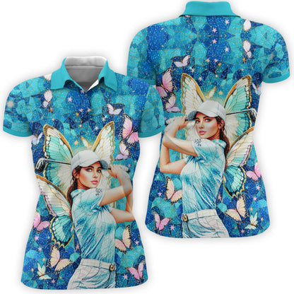 Custom Face Women’s Golf Polo Shirt – Spring Butterfly Mirage Art | Personalized Floral Fantasy Sports Shirt for Golfers Style 9