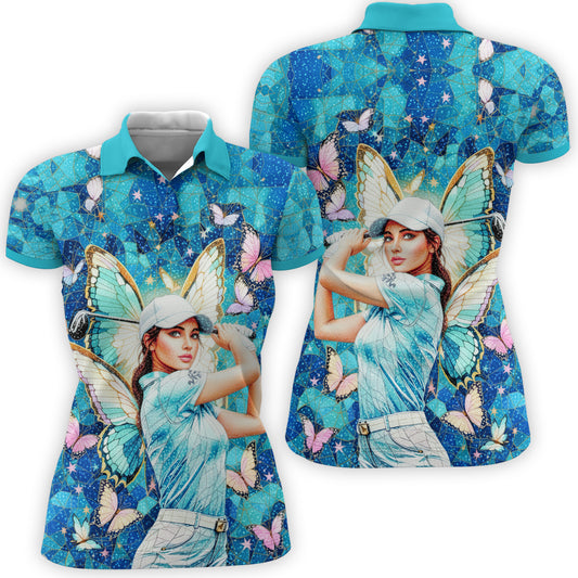 Custom Face Women’s Golf Polo Shirt – Spring Butterfly Mirage Art | Personalized Floral Fantasy Sports Shirt for Golfers Style 9