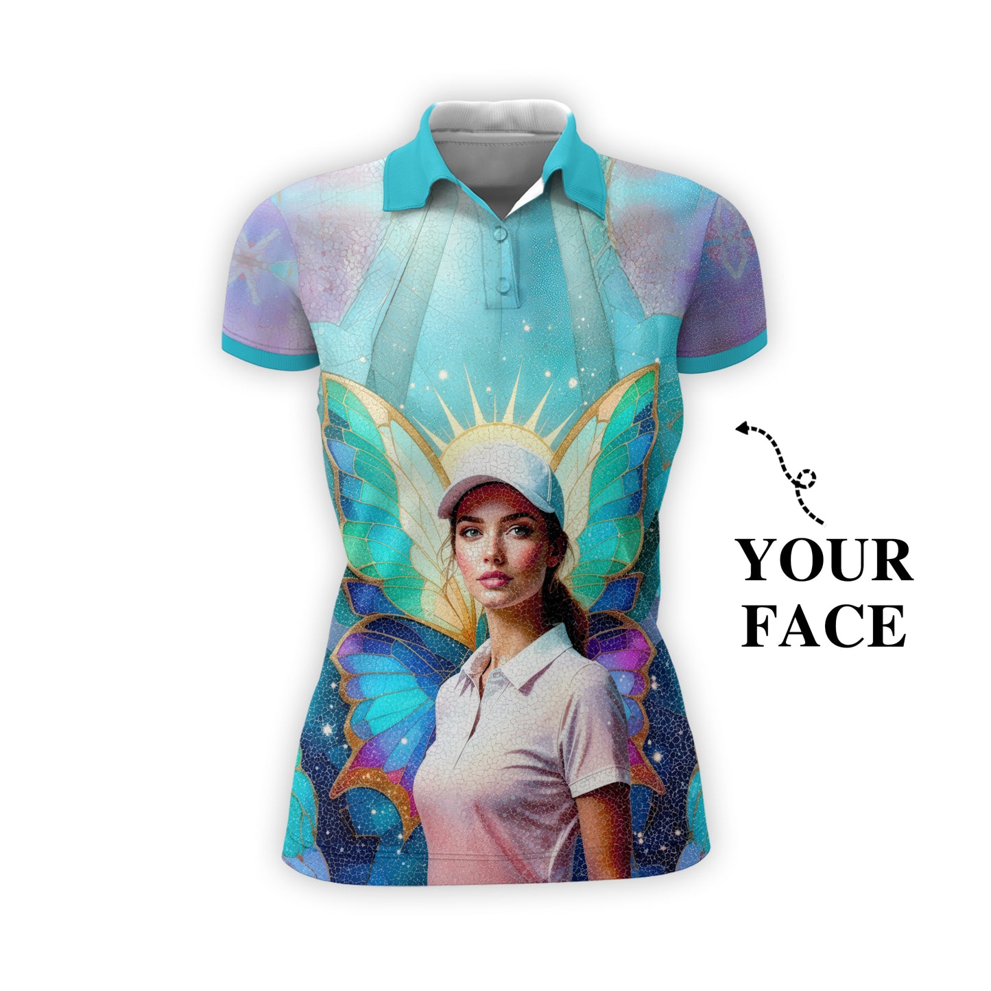 Custom Face Women’s Golf Polo Shirt – Spring Butterfly Mirage Art | Personalized Floral Fantasy Sports Shirt for Golfers Style 3