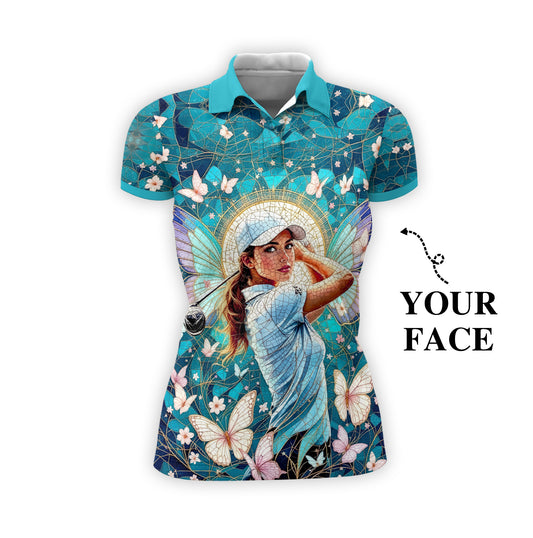 Custom Face Women’s Golf Polo Shirt – Spring Butterfly Mirage Art | Personalized Floral Fantasy Sports Shirt for Golfers Style 10