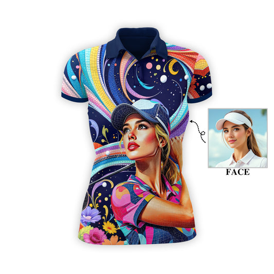 Custom Face Artistic Golf Polo Shirt for Women - Mosaic Design Style 18