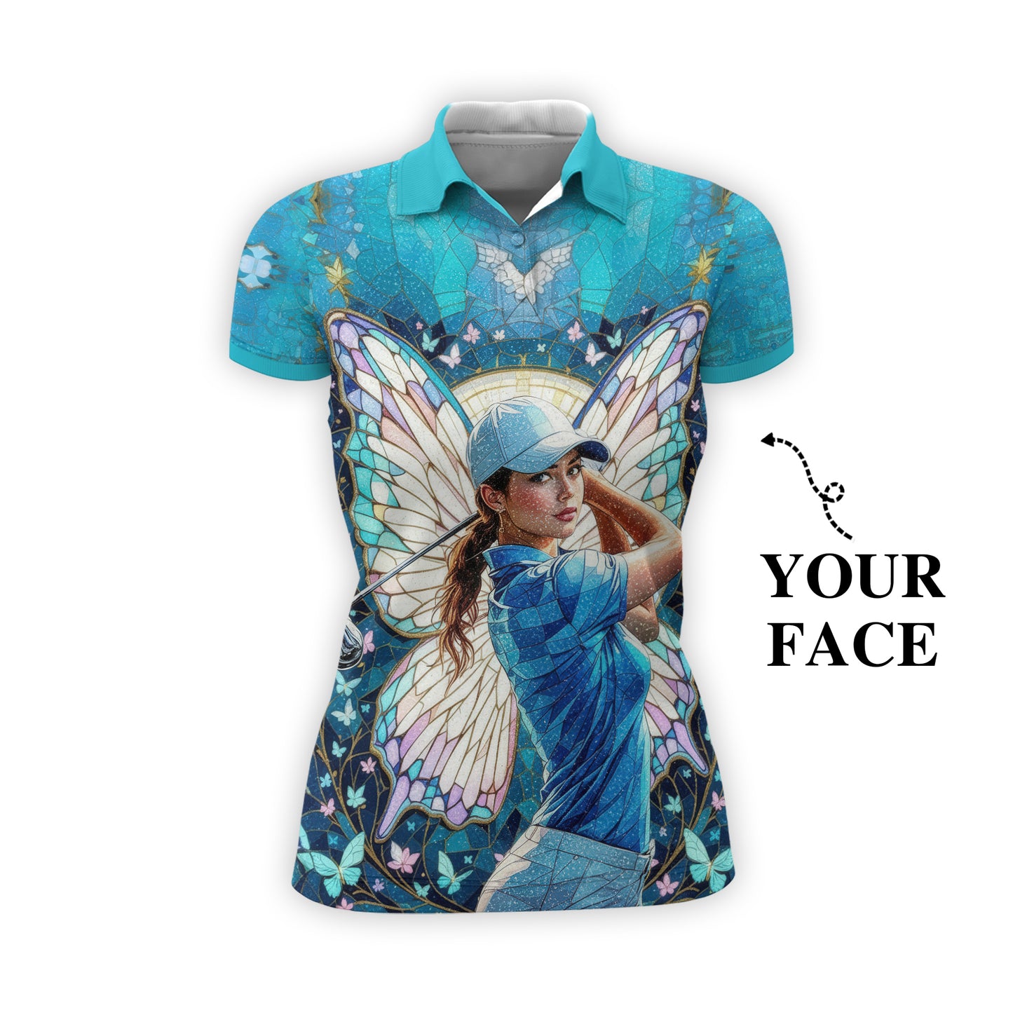 Custom Face Women’s Golf Polo Shirt – Spring Butterfly Mirage Art | Personalized Floral Fantasy Sports Shirt for Golfers Style 8