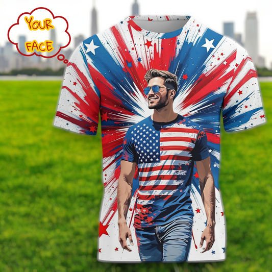 Men's Custom Face T-Shirt – American Flag Design | Personalized Patriotic Tee