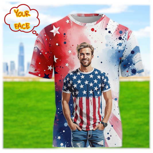 Men's Custom Face T-Shirt – American Flag Design | Personalized Patriotic Tee