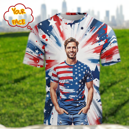 Men's Custom Face T-Shirt – American Flag Design | Personalized Patriotic Tee