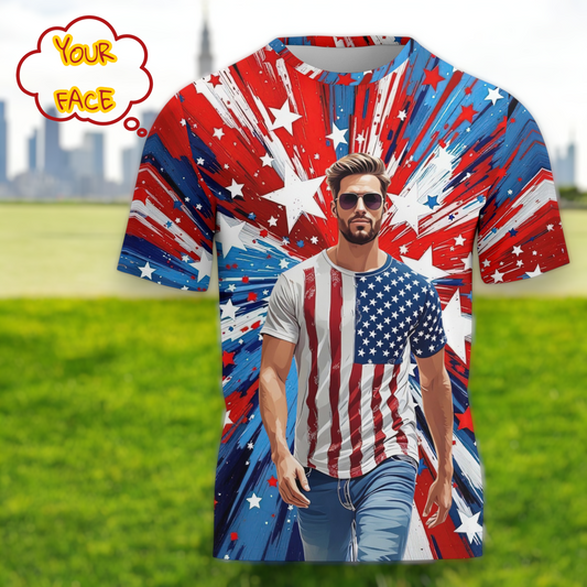 Men's Custom Face T-Shirt – American Flag Design | Personalized Patriotic Tee