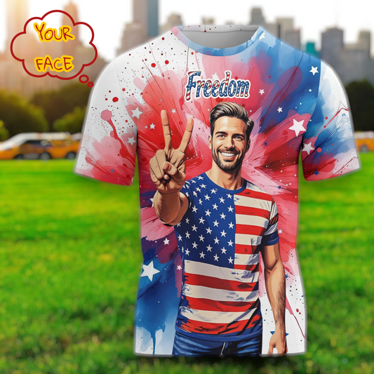 Men's Custom Face T-Shirt – American Flag Design | Personalized Patriotic Tee