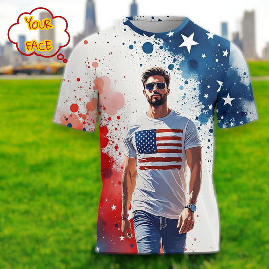 Men's Custom Face T-Shirt – American Flag Design | Personalized Patriotic Tee