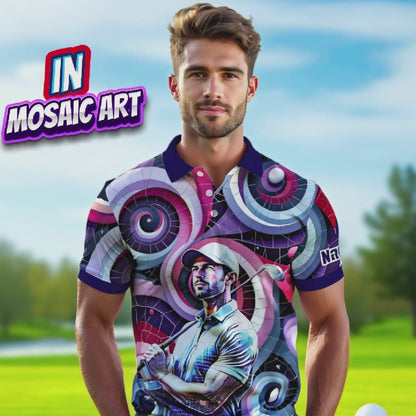 HomyGifts Men's Customized Face Artistic Golf Polo Shirt, Mosaic Art Style, Unique Personalized Golf Polo For Men Style 9