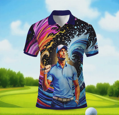Men's Custom Face Artistic Golf Polo Shirt, Mosaic Art Style, Unique Personalized Golf Polo For Men