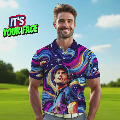 HomyGifts Men's Customized Face Artistic Golf Polo Shirt, Mosaic Art Style, Unique Personalized Golf Polo For Men Style 2