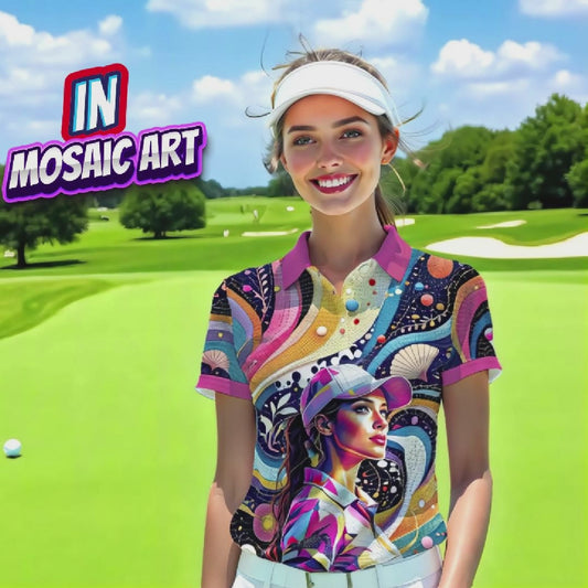 Custom Face Mosaic Art Golf Polo Shirt – Personalized Women's Golfwear Style 12