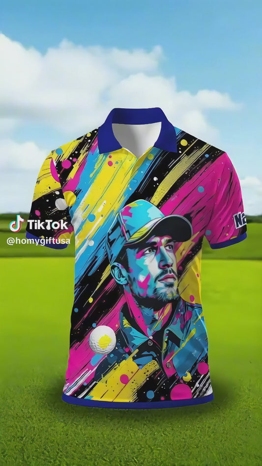 HomyGifts Men's Customized Face Artistic Golf Polo Shirt, Personalized Pop Art Golf Polo, Portrait Gift for Golfers Style 3