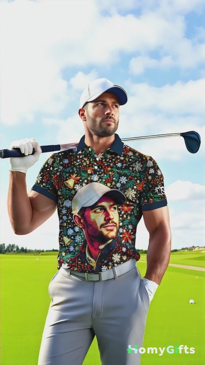 Personalized Face Golf Polo – Christmas Mosaic Design | Custom Men’s Golf Shirt Holiday Gift 2025, Style 2