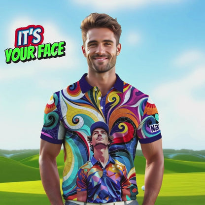 HomyGifts Men's Customized Face Artistic Golf Polo Shirt, Mosaic Art Style, Unique Personalized Golf Polo For Men Style 3