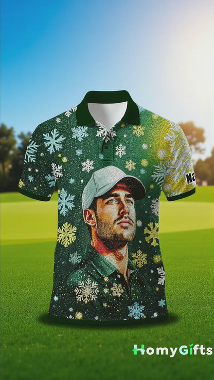 Custom Face Golf Polo Shirt – Personalized Christmas Golf Shirt for Him, Unique Holiday Gift for Golfer, Snowflake Mosaic Art Design Golf Apparel Style 18