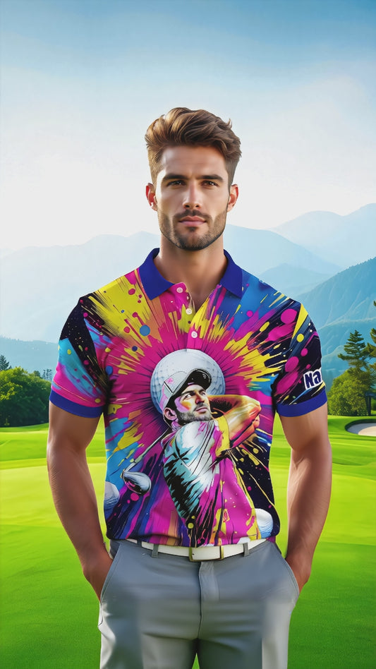 HomyGifts Men's Customized Face Artistic Golf Polo Shirt, Personalized Pop Art Golf Polo, Portrait Gift for Golfers Style 18