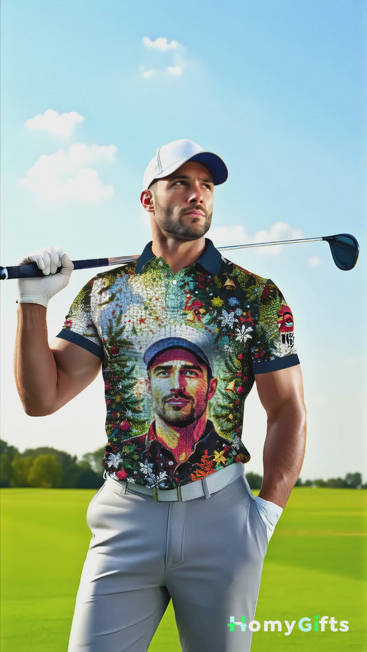 Personalized Face Golf Polo – Christmas Mosaic Design | Custom Men’s Golf Shirt Holiday Gift 2025, Style 1