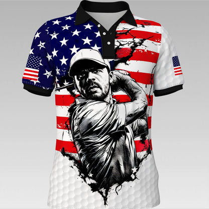 HomyGifts Men's Customized Face Artistic Golf Polo Shirt, Personalized American Flag Design, Unique Gift for Patriotic Golfers Style 4