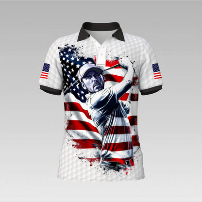 HomyGifts Men's Customized Face Artistic Golf Polo Shirt, Personalized American Flag Design, Unique Gift for Patriotic Golfers Style 6
