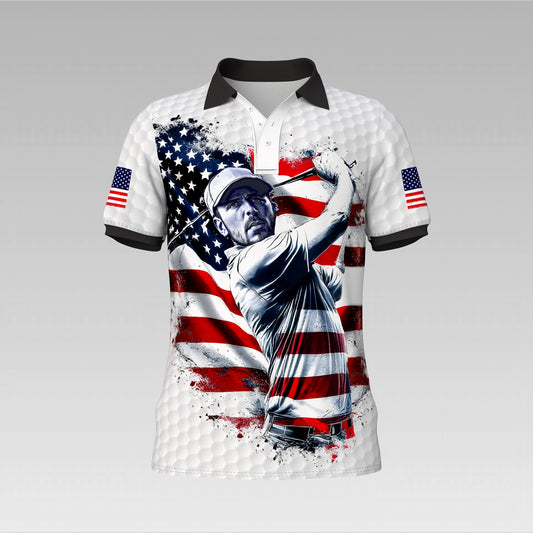 HomyGifts Men's Customized Face Artistic Golf Polo Shirt, Personalized American Flag Design, Unique Gift for Patriotic Golfers Style 6