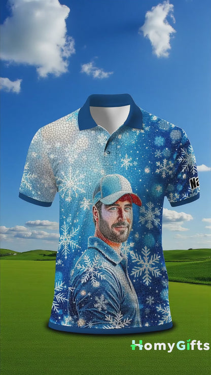 Custom Face Golf Polo Shirt – Personalized Christmas Golf Shirt for Him, Unique Holiday Gift for Golfer, Snowflake Mosaic Art Design Golf Apparel Style 8