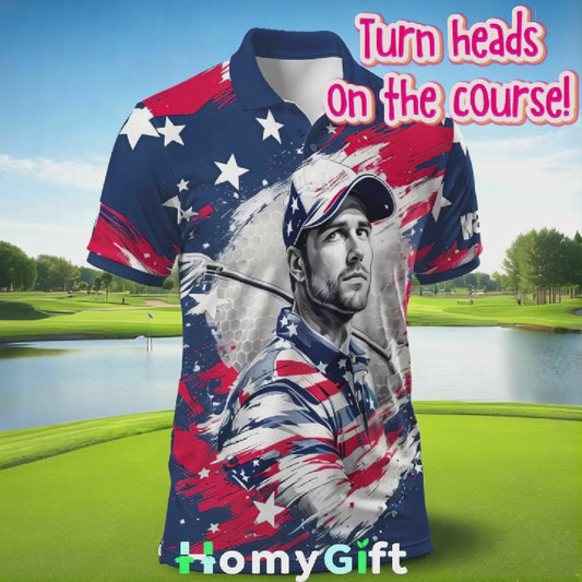 HomyGifts Men's Customized Face Artistic Golf Polo Shirt, Personalized American Flag Design, Unique Gift for Patriotic Golfers Style 13