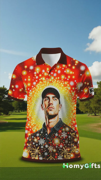 Custom Face Golf Polo Shirt – Personalized Christmas Golf Shirt for Him, Unique Holiday Gift for Golfer, Snowflake Mosaic Art Design Golf Apparel Style 15