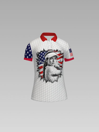 Custom Women’s Golf Polo Shirt – USA Flag Design with Personalized Face | Patriotic Sportswear for Female Golfers Style 6