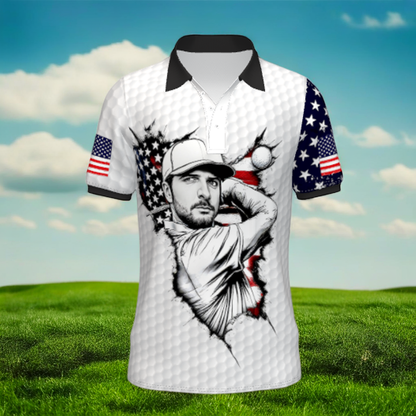HomyGifts Men's Customized Face Artistic Golf Polo Shirt, Personalized American Flag Design, Unique Gift for Patriotic Golfers Style 12