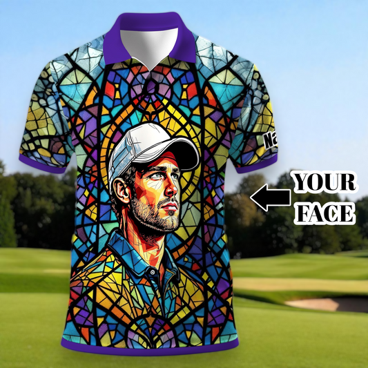 Custom Face Golf Polo Shirt – Personalized Stained Glass Art Shirt, Unique Golf Gift for Him, Colorful Abstract Golf Polo, Custom Sportswear