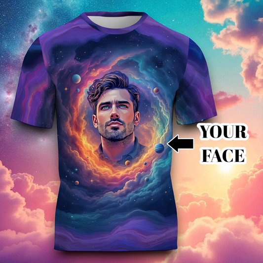 Custom Face Surreal Cosmic Art T-Shirt – Personalized Galaxy Universe Tee with Trippy Sci-Fi Design for Unique Gifts & Style