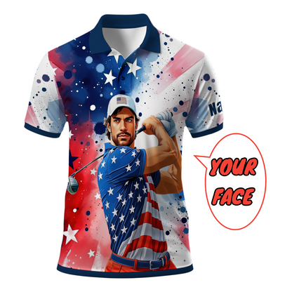 HomyGifts Men's Customized Face Artistic Golf Polo Shirt, Personalized American Flag Design, Unique Gift for Patriotic Golfers Style 17
