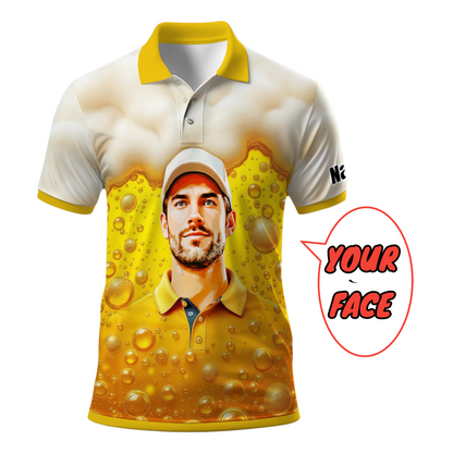 HomyGifts Men's Customized Face Artistic Golf Polo Shirt, Beer pattern Design, Special Gift for Beer & Golf Lovers, Summer Party Outfit, Unique Gift for Men Style 1