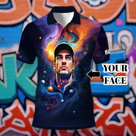 Custom Cosmic Portrait Polo Shirt – Personalized Surreal Galaxy Art with Your Face | Unique Gift for Golfers, Sports & Astrology Fans