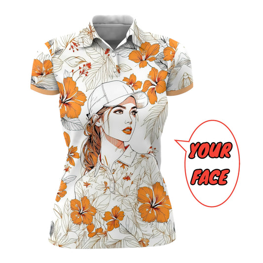 Women’s Custom Face Hibiscus Polo Shirt – Personalized Tropical Floral Polo, Unique Gift for Her, Stylish Custom Golf & Casual Wear Style 1