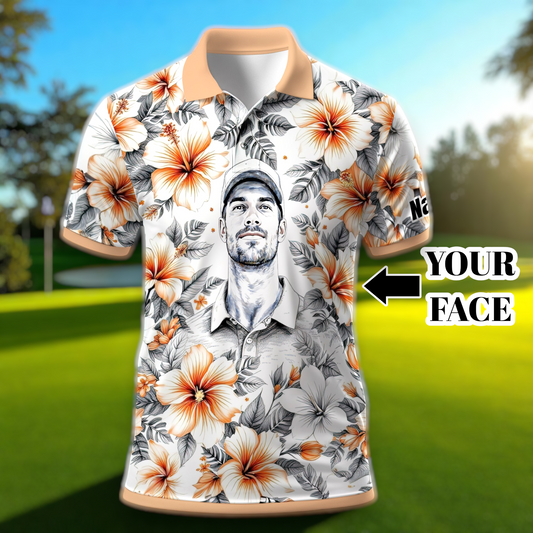 Custom Face Tropical Floral Polo Shirt – Personalized Summer Shirt, Fun Beach Vacation Gift, Unique Tropical Party Outfit