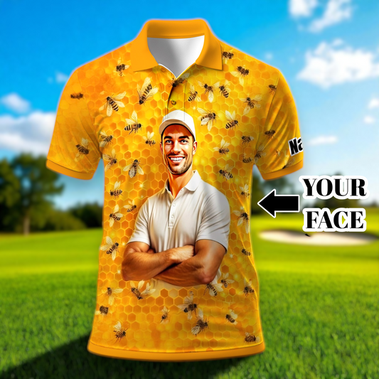 Custom Bee & Honeycomb Polo Shirt with Face | Personalized Beekeeper Gift, Funny Honey Lover Outfit, Summer Polo for Men