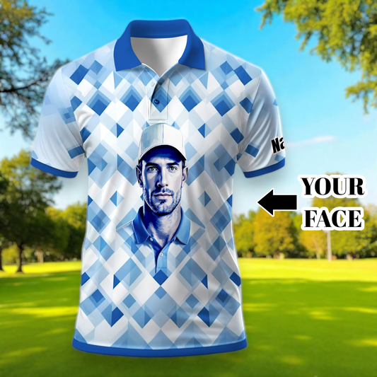 Custom Face Polo Shirt – Geometric Diamond Pattern | Personalized Photo Golf Polo | Unique Gift for Him, Retro Geometric Style Shirt Style 1