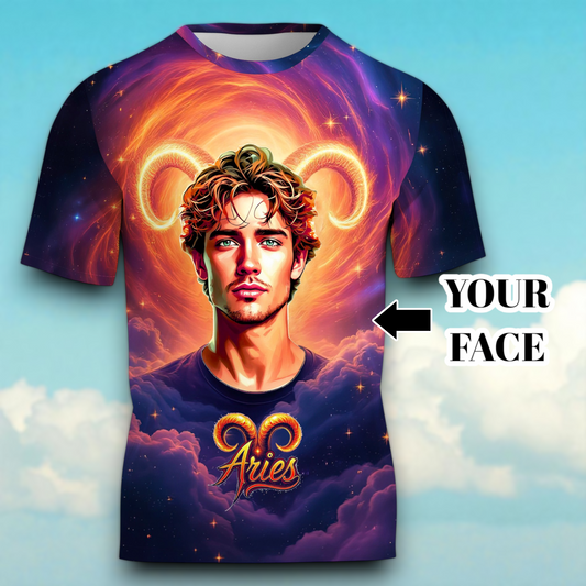 Custom Zodiac Shirt - Surreal Cosmic Art Tee with Your Face | Aries | Personalized Horoscope Gift