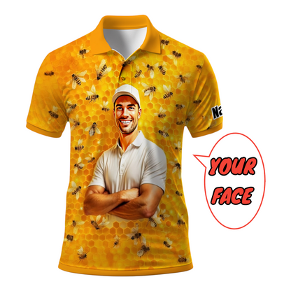 HomyGifts Men's Customized Face Artistic Golf Polo Shirt, Personalized Bee & Honeycomb Polo Shirt with Face, Funny Honey Lover Outfit, Summer Polo for Men Style 1