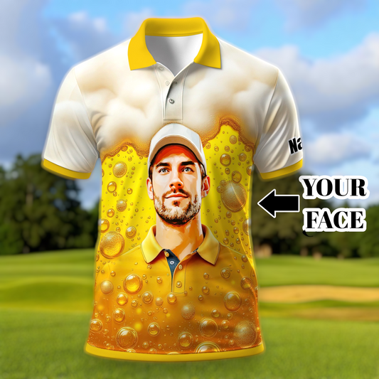 Custom Beer Polo Shirt with Face – Funny Personalized Polo for Beer Lovers, Summer Party Outfit, Unique Gift for Men