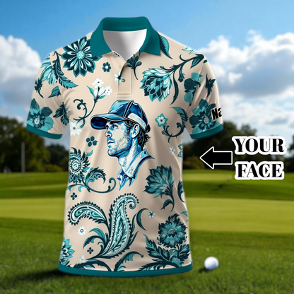 Custom Retro Pattern Art Polo Shirt – Personalized Face & Name | Vintage Floral Pattern Collared Shirt for Men Style 1