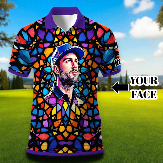 Custom Face Golf Polo Shirt – Personalized Stained Glass Art Shirt, Unique Golf Gift for Him, Colorful Abstract Golf Polo, Custom Sportswear