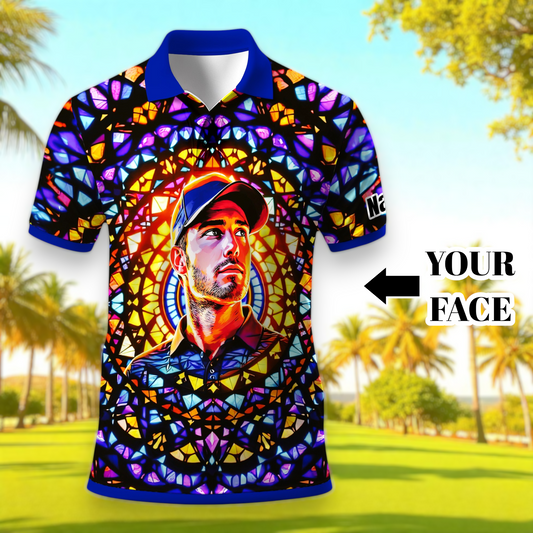 Custom Face Golf Polo Shirt – Personalized Stained Glass Mandala Style Polo, Unique Gift for Men & Women, Vibrant Artistic Golf Shirt, Custom Photo Polo