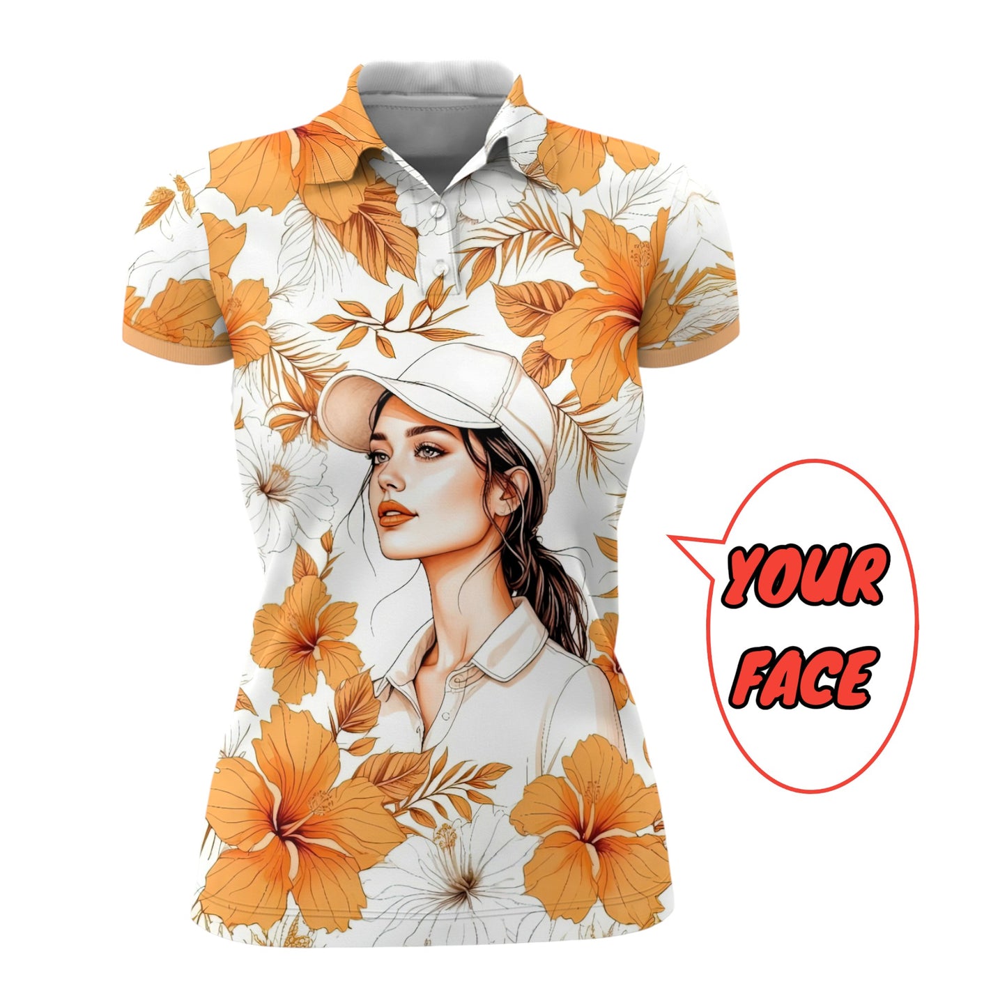 Women’s Custom Face Hibiscus Polo Shirt – Personalized Tropical Floral Polo, Unique Gift for Her, Stylish Custom Golf & Casual Wear Style 10
