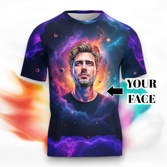 Custom Face Surreal Cosmic Art T-Shirt – Personalized Galaxy Universe Tee with Trippy Sci-Fi Design for Unique Gifts & Style